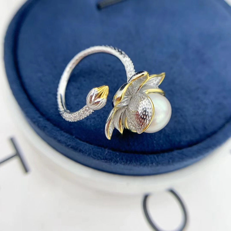 Exquisite Color Separation Lotus Pearl Retro With Opening Adjustable Ring