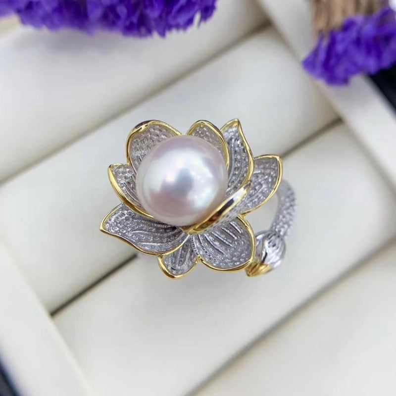 Exquisite Color Separation Lotus Pearl Retro With Opening Adjustable Ring