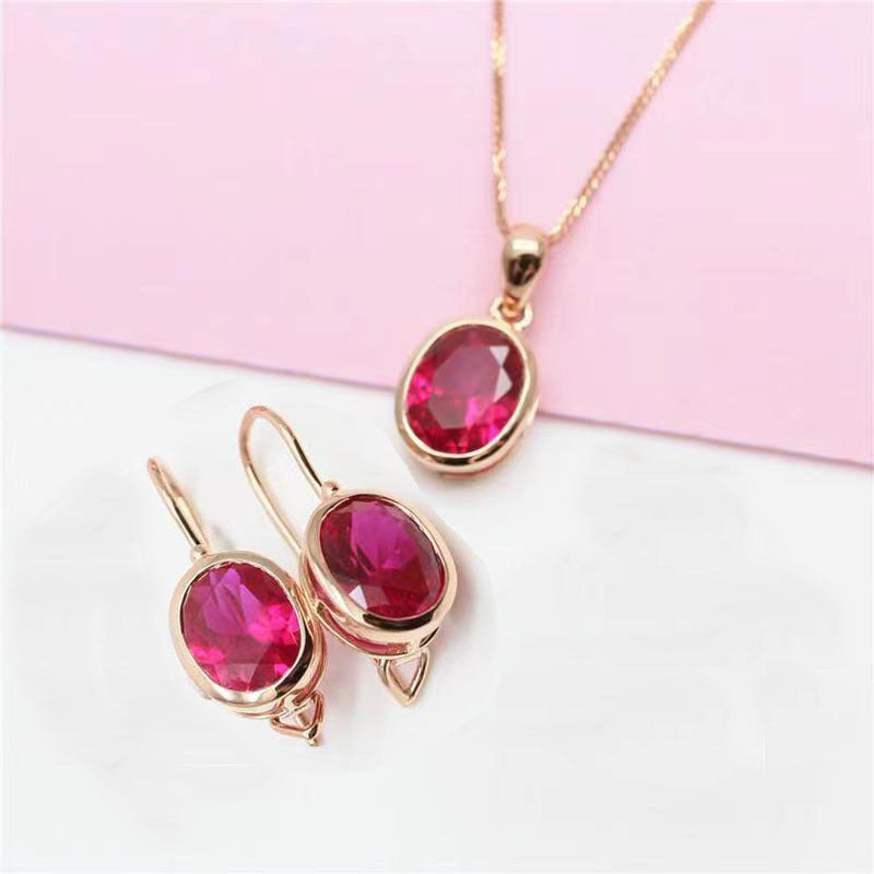 Cross-border Hot Selling New Russian Fashion Rose Redstone Hollow Stud Earrings Pendant Suit