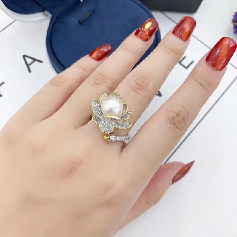 Exquisite Color Separation Lotus Pearl Retro With Opening Adjustable Ring