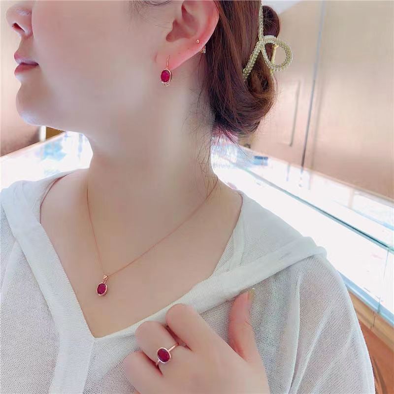 Cross-border Hot Selling New Russian Fashion Rose Redstone Hollow Stud Earrings Pendant Suit