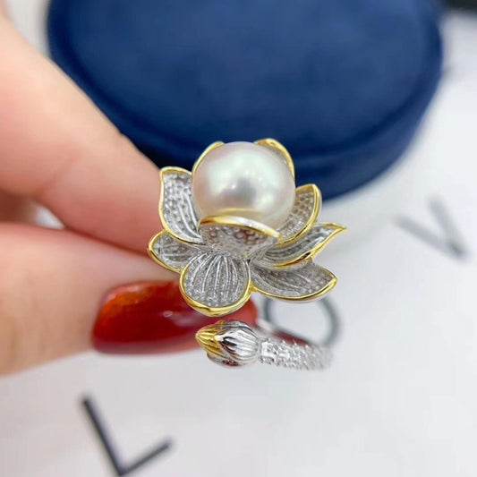 Exquisite Color Separation Lotus Pearl Retro With Opening Adjustable Ring
